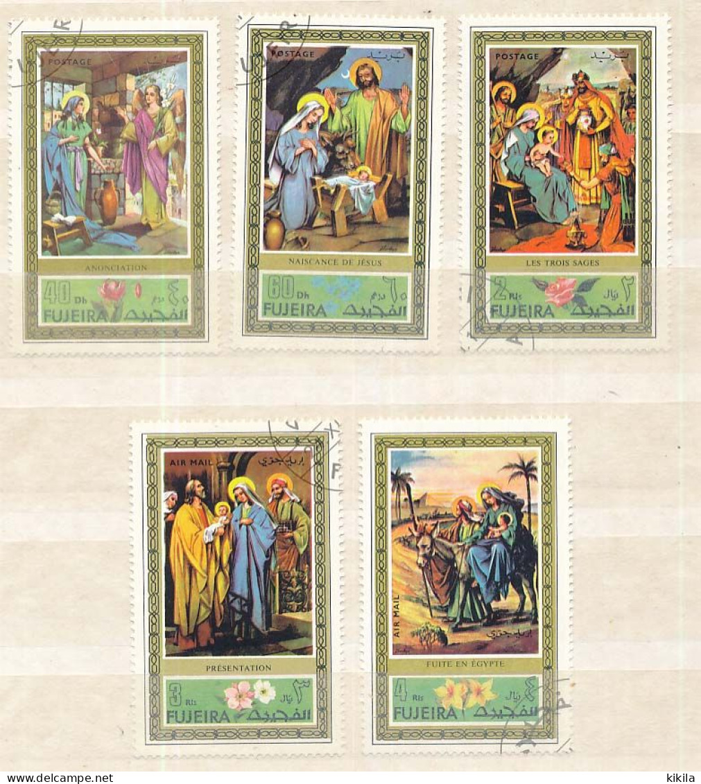 5 Timbres Oblitérés FUJEIRA I-14 Jésus Christ Annonciation Naissance Rois Mages Présentation Fuite En Egypte - Religión