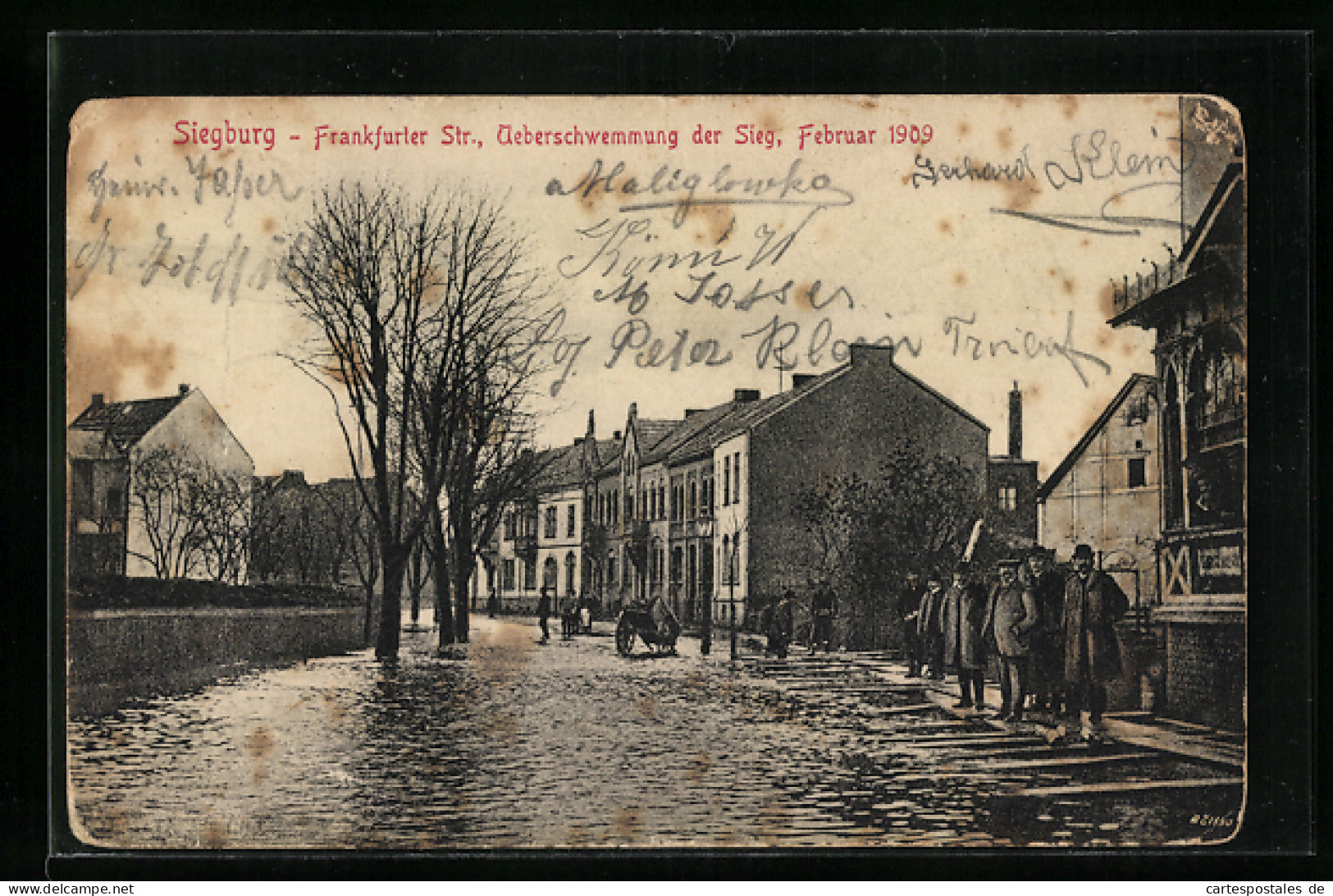 AK Siegburg, Überschwemmte Frankfurter Strasse Mit Passanten Auf Stegen, Hochwasser 1909  - Floods