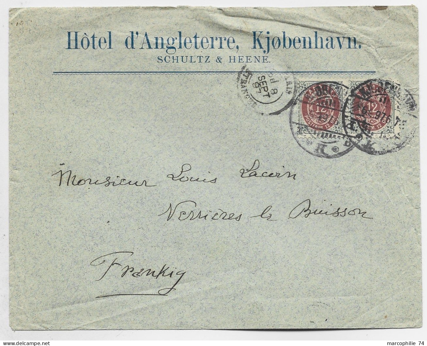 DANMARK 12 ORE PAIRE LETTRE COVER ENTETE HOTEL D'ANGLETERRE 1897  TO FRANCE - Cartas & Documentos