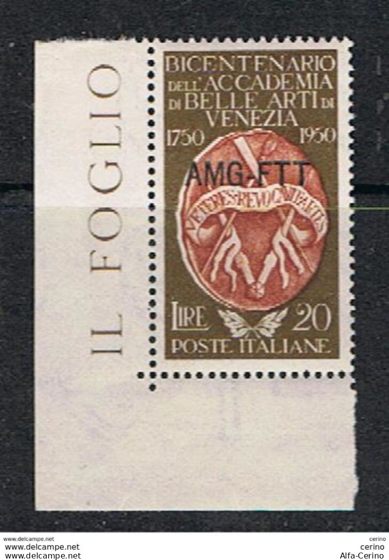 TRIESTE  A:  1950  BELLE  ARTI  -  £. 20  BRUNO  E  ROSSO  N. -  SASS. 87 - Mint/hinged