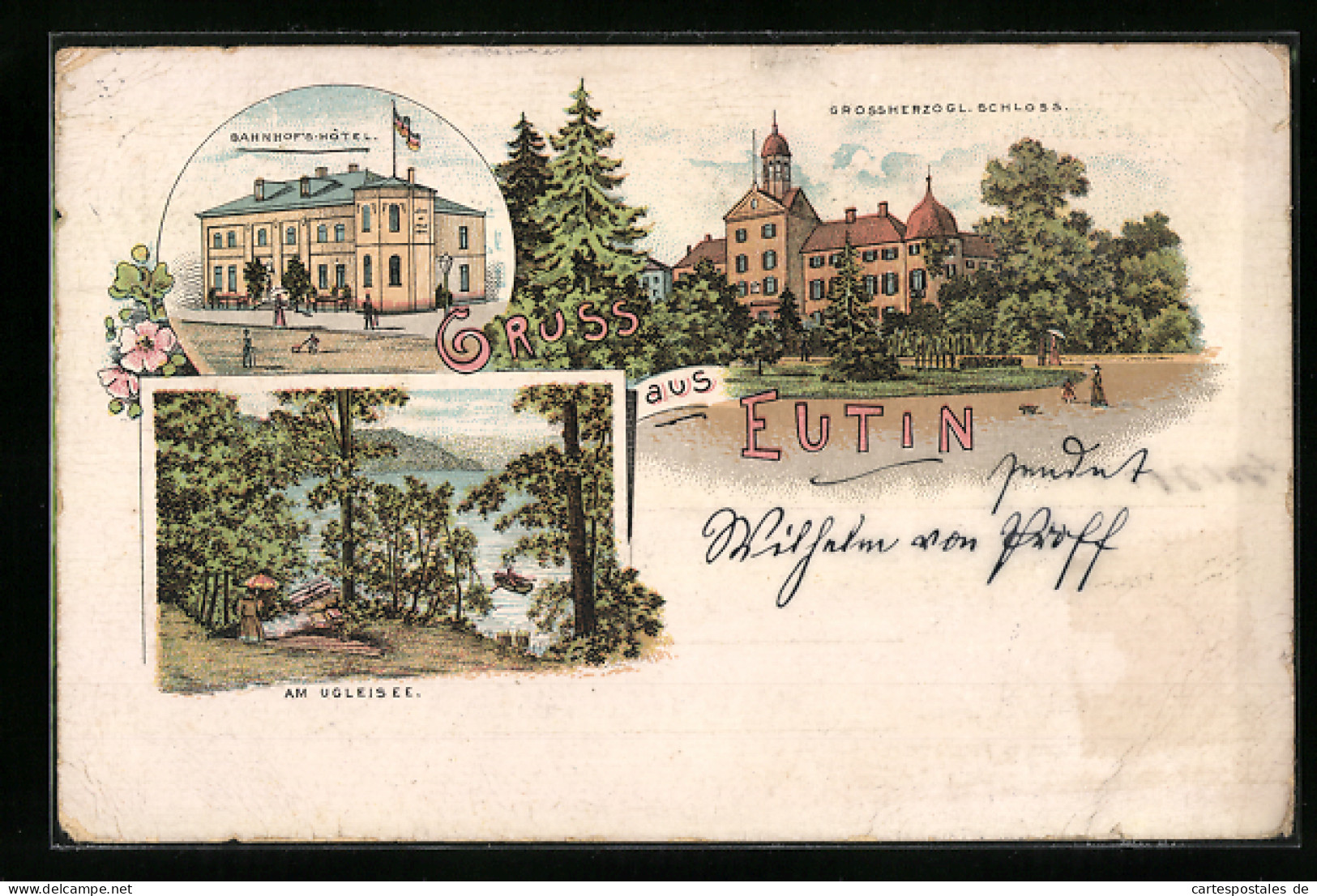 Lithographie Eutin, Bahnhofs-Hotel, Am Ugleisee, Grossherzogl. Schloss  - Eutin