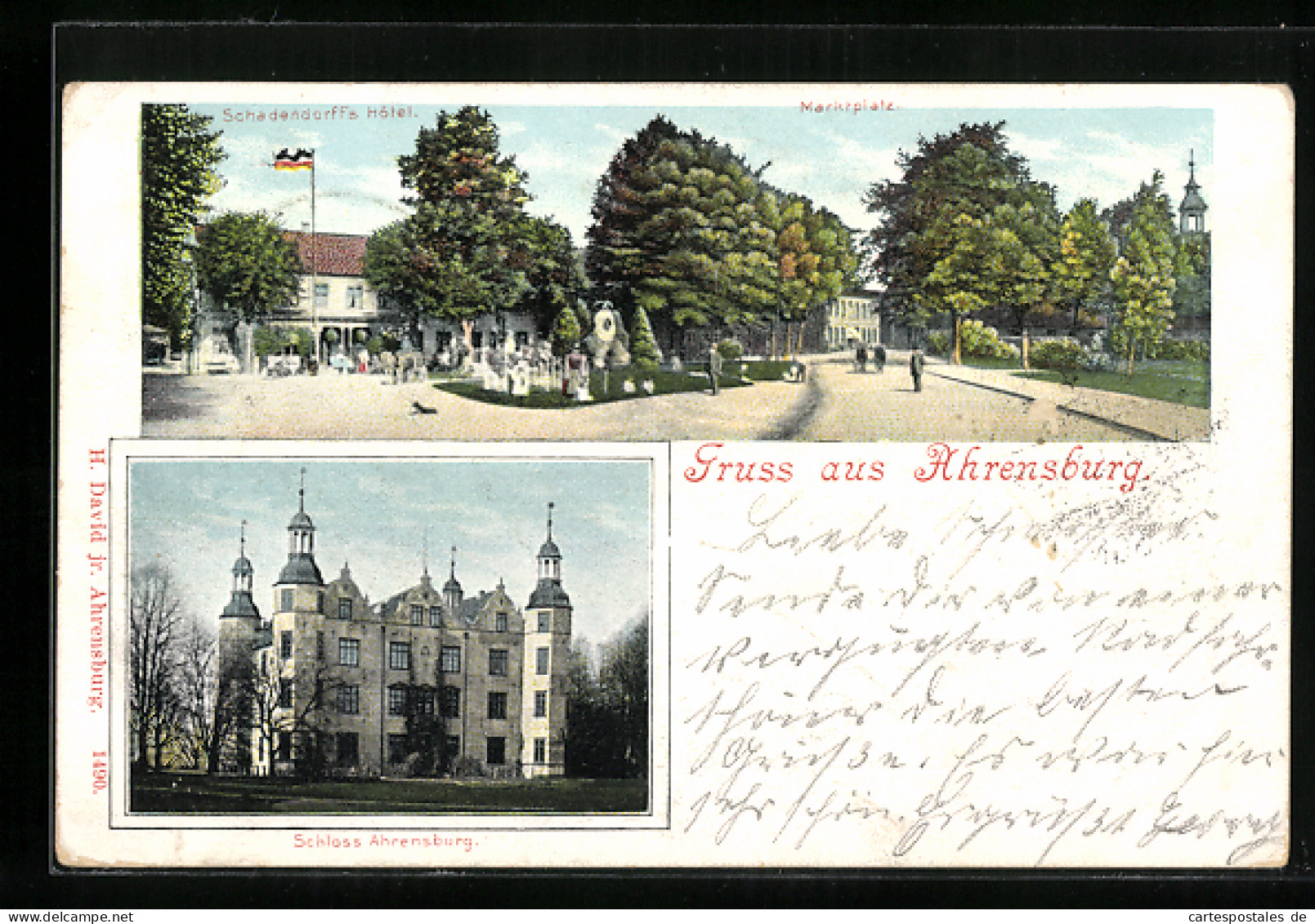 Lithographie Ahrensburg, Schadendorff`s Hotel, Schloss Ahrensburg  - Ahrensburg