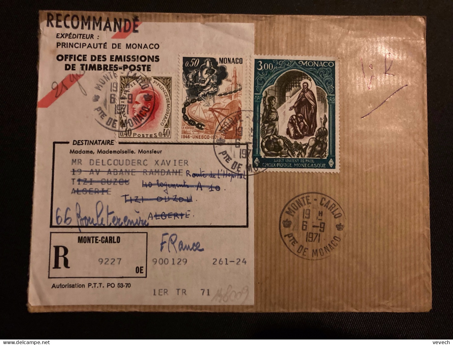 LR TP ST VINCENT DE PAUL 3,00 + UNESCO 0,50 + RAINIER III 0,40 OBL.6-9 1971 MONTE-CARLO Pour ALGERIE + REEXPEDITION FRAN - Cartas & Documentos