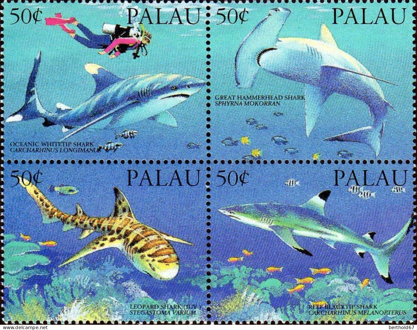 Palau Poste N** Yv: 543/546 Oceanic Whitetip Shark - Palau