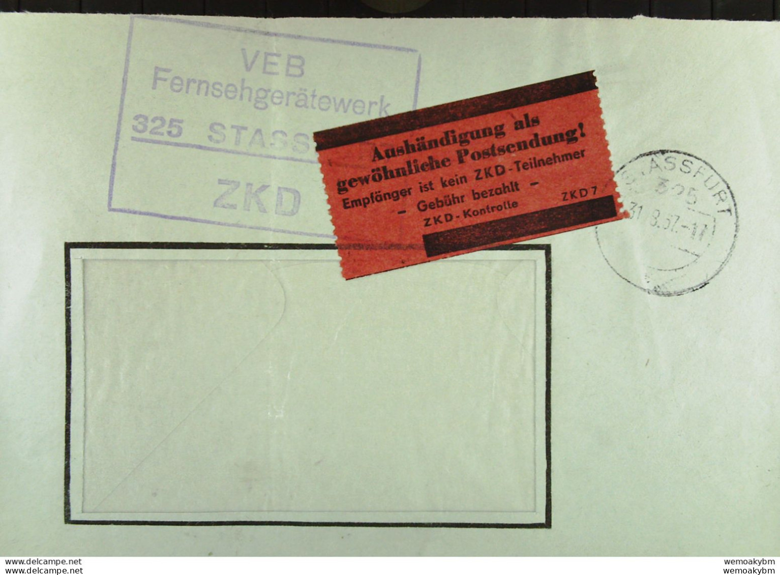 DDR: Brief Mit ZKD-Kasten-Stpl Und Roten Aufkleber "Aushändigung Als Gewöhnliche Postsendung" Aus Stassfurt Vom 31.8.67 - Service Central De Courrier