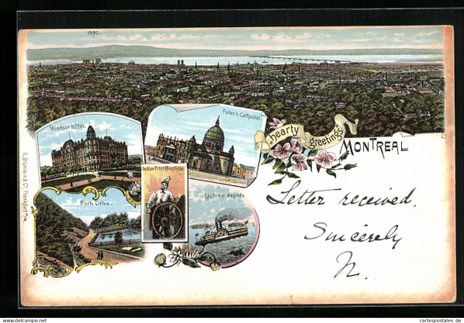 Lithographie Montreal, Windsor Hotel, Peter`s Cathedral, Lachine Rapids  - Montreal