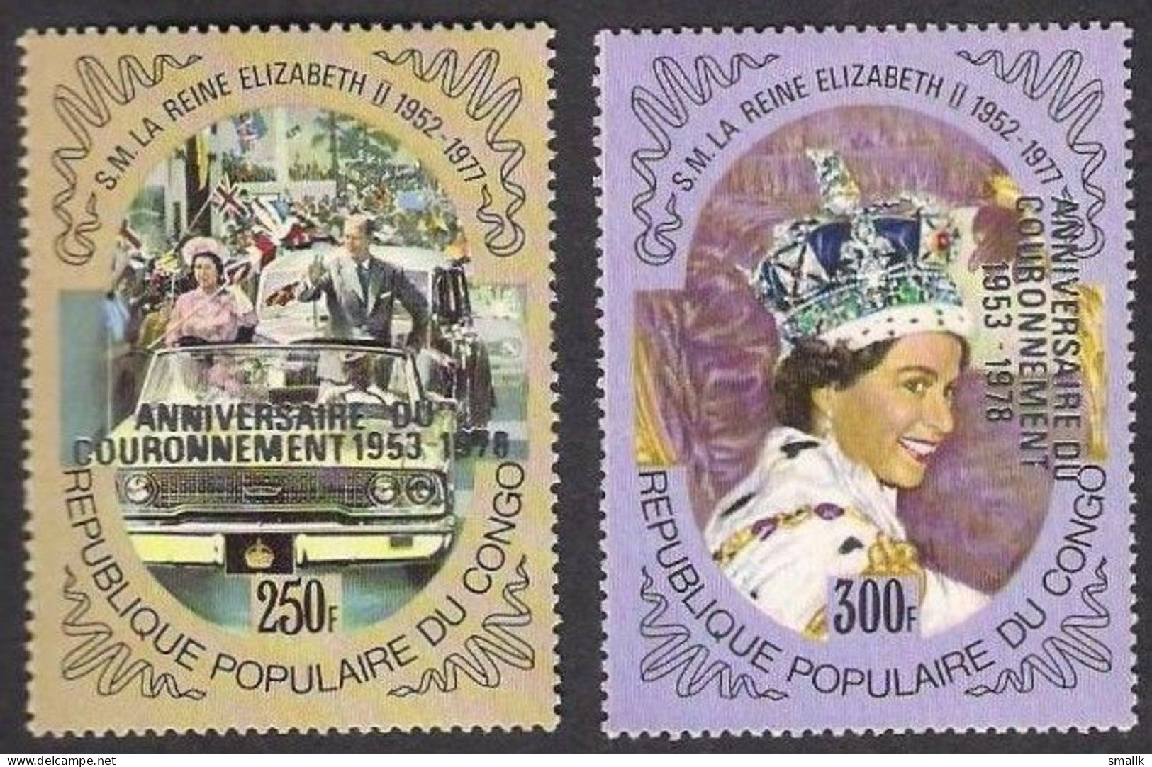 CONGO Republic 1978 - Queen Elizabeth Coronation, Silver Foil Embossed Overprint, Complete Set Of 2v. MNH - Neufs