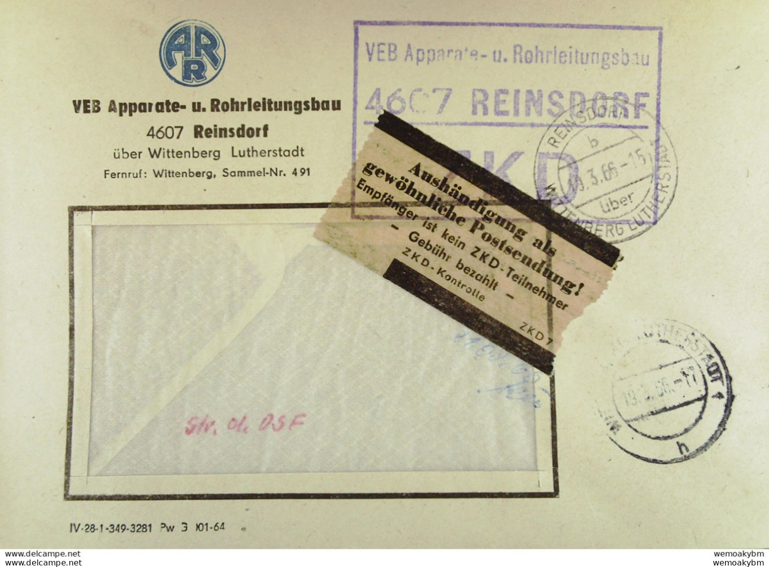 DDR: Brf Mit ZKD-Kasten-Stpl. Und Braunen Aufkleber "Aushändigung Als Gewöhnliche Postsendung" Aus Reinsdorf Vom 19.3.66 - Zentraler Kurierdienst