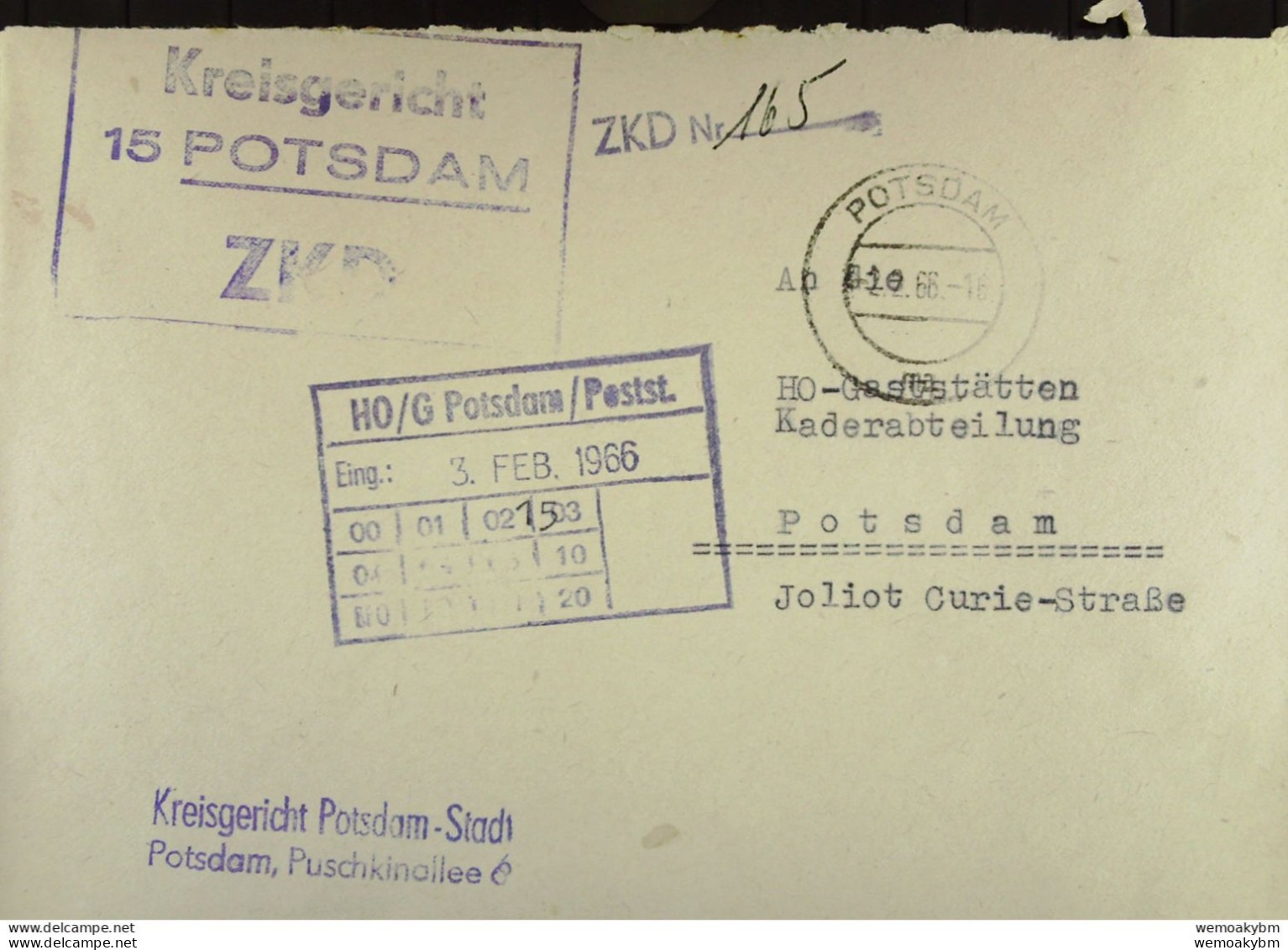 Orts-Brief Mit ZKD-Kastenstempel "Kreisgericht 15 Potsdam" Vom 2.2.66 - Centrale Postdienst