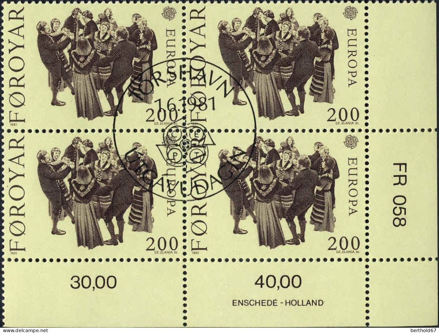 Feroe Poste Obl Yv: 58 Mi:64 Europa Cept Danse Traditionnelle Coin D.feuille X4 (TB Cachet à Date) Fdc 1-6-1981 - Faroe Islands