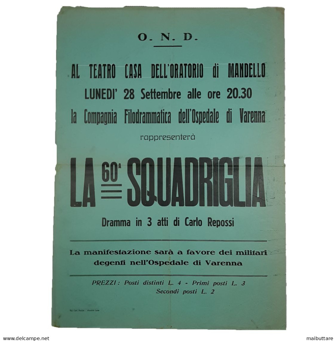 Manifesto Poster Pubblicitario Opera Nazionale Dopolavoro Al Teatro Casa Dell'oratorio Di Mandello Del Lario - Lecco - Afiches
