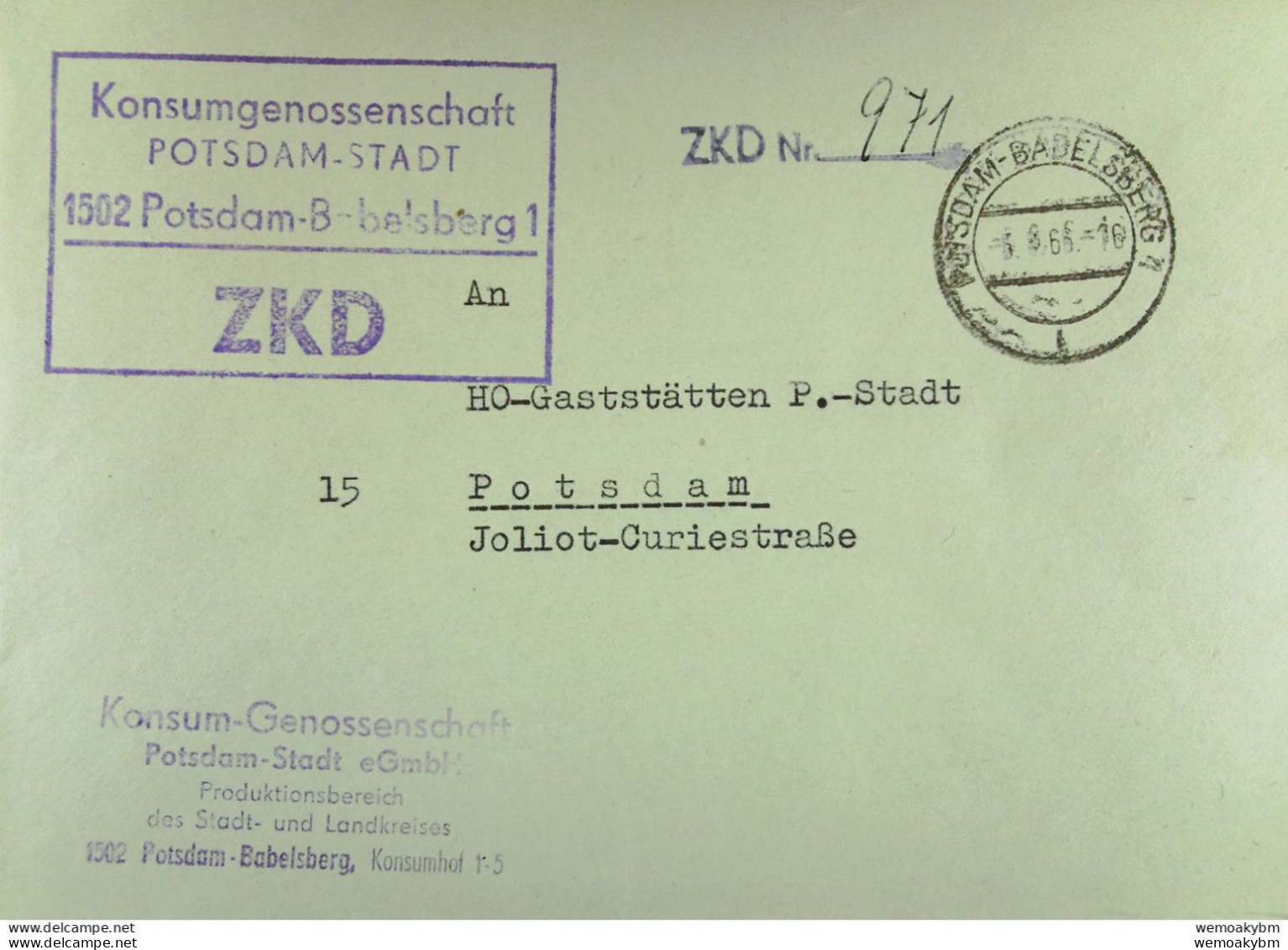 Orts-Brief Mit ZKD-Kastenstpl. "Konsum-Genossenschaft P-Stadt 1502 Potsdam-Babelsberg1" Vom 5.8.66 An HO Potsdam-Stadt - Centrale Postdienst