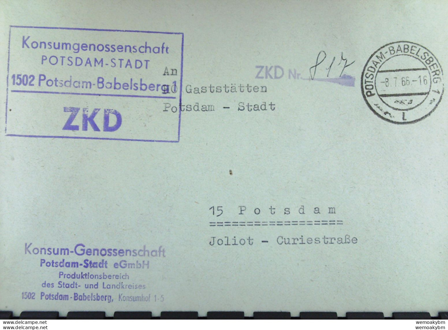 Orts-Brief Mit ZKD-Kastenstpl. "Konsum-Genossenschaft P-Stadt 1502 Potsdam-Babelsberg 1" Vom 8.7.66 An HO Potsdam-Stadt - Centrale Postdienst