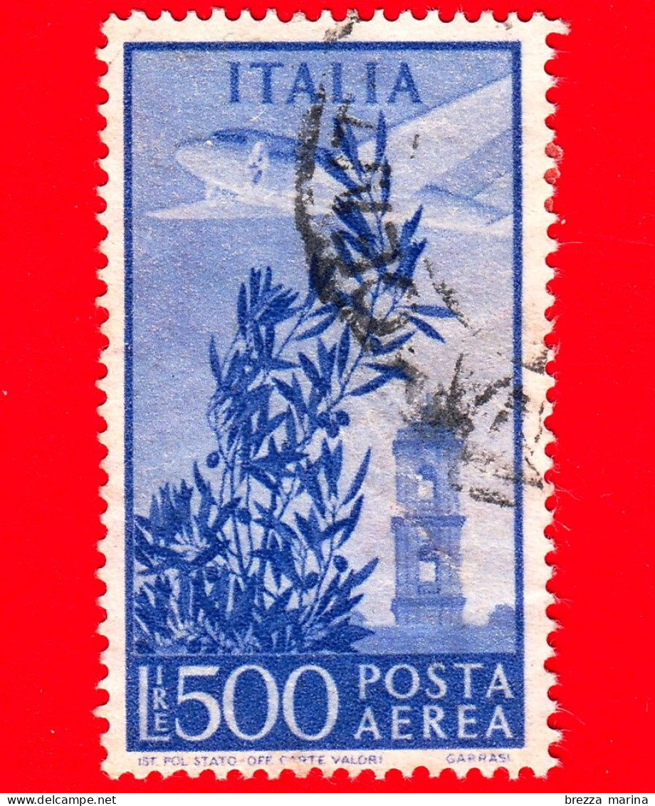 ITALIA - Usato - 1948 - Torre Del Campidoglio -  POSTA AEREA - Ulivo, Aeroplano E Torre Del Campidoglio - 500 L. - Poste Aérienne