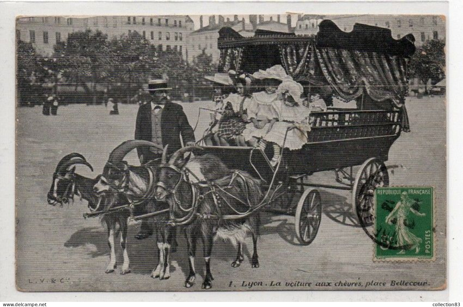 CPA LYON La Voiture Aux Chèvres Place Bellecour Gros Plan - Lyon 2