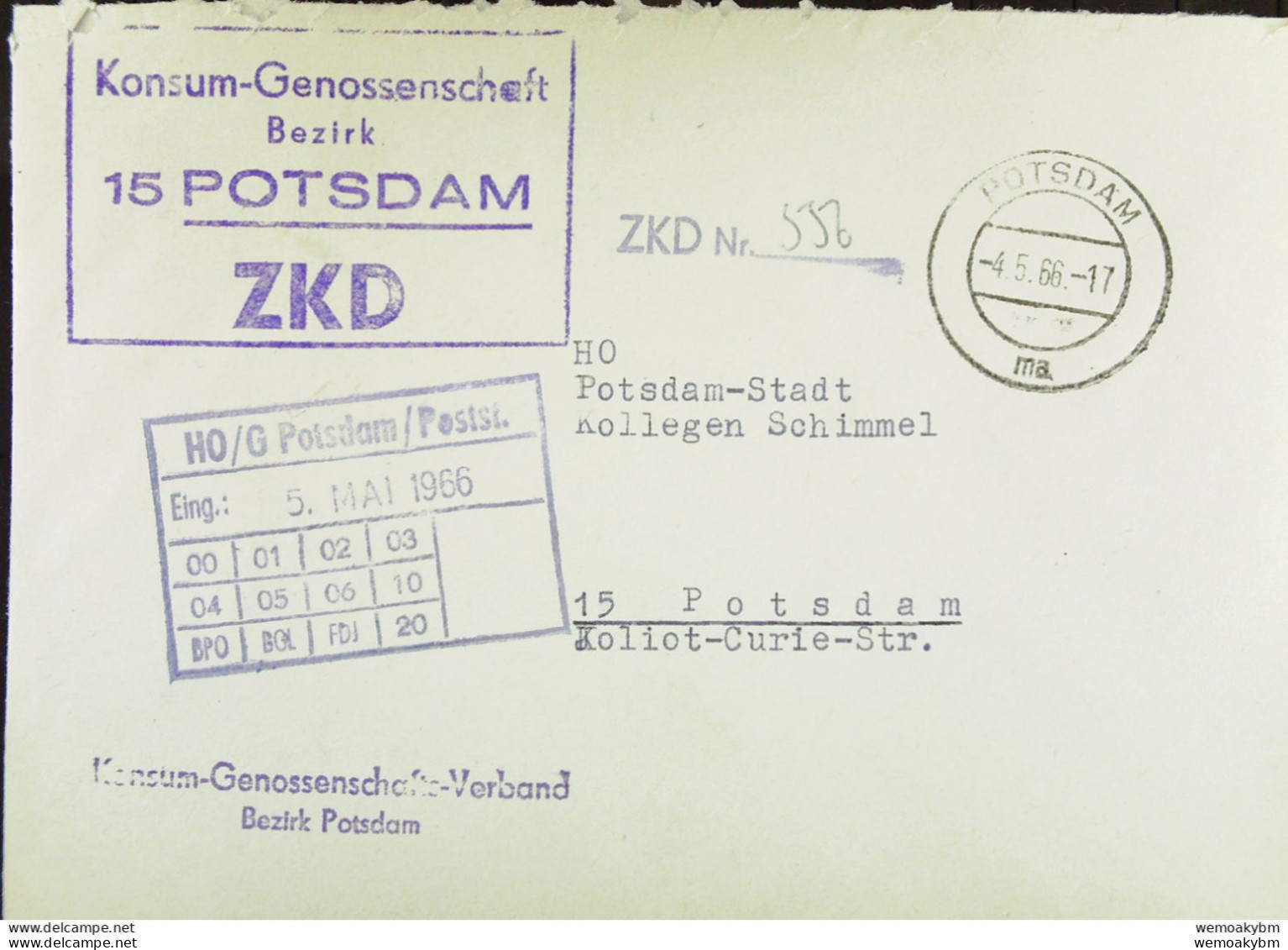 Orts-Brief Mit ZKD-Kastenstpl. "Konsum-Genossenschaft Bezirk 15 Potsdam" Vom 4.5.66 An HO Potsdam-Stadt - Zentraler Kurierdienst