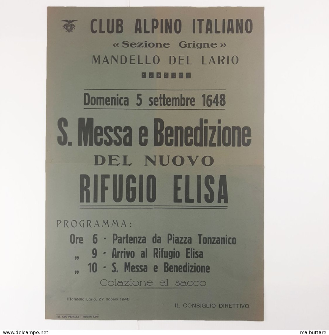Manifesto Club Alpino Italiano Sez. Grigne Anno 1948 Dimensione 50x35 Cm Ben Conservato - Affiches