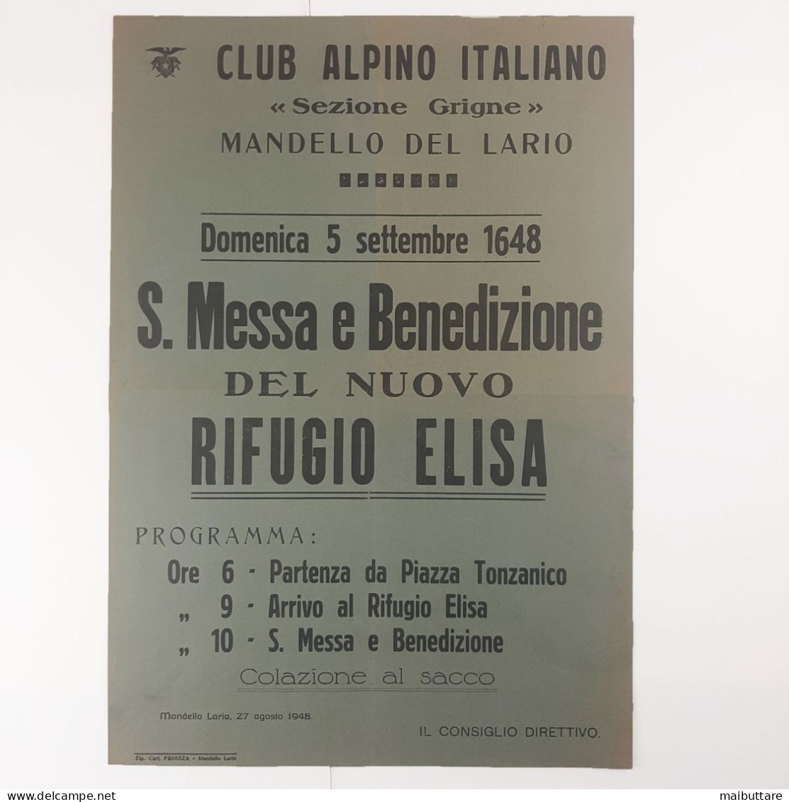 Manifesto Club Alpino Italiano Sez. Grigne Anno 1948 Dimensione 50x35 Cm Ben Conservato - Manifesti