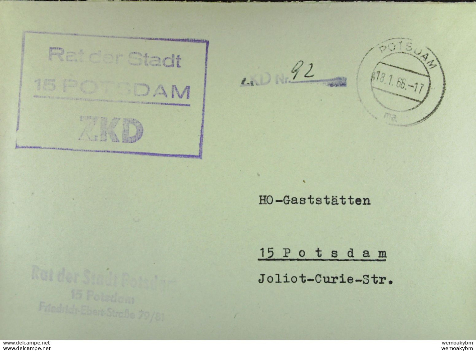 Orts-Brief Mit ZKD-Kastenstempel "Rat Der Stadt 15 Potsdam" Vom 18.1.66 An HO Gaststätten - Central Mail Service