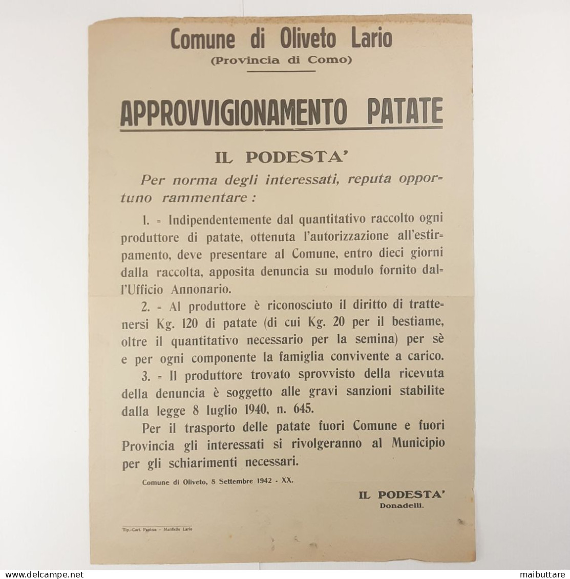 Manifesto Poster Comune Di Oliveto Lario Lecco APPROVIGIONAMENTO PATATE Anno 1942 - Affiches