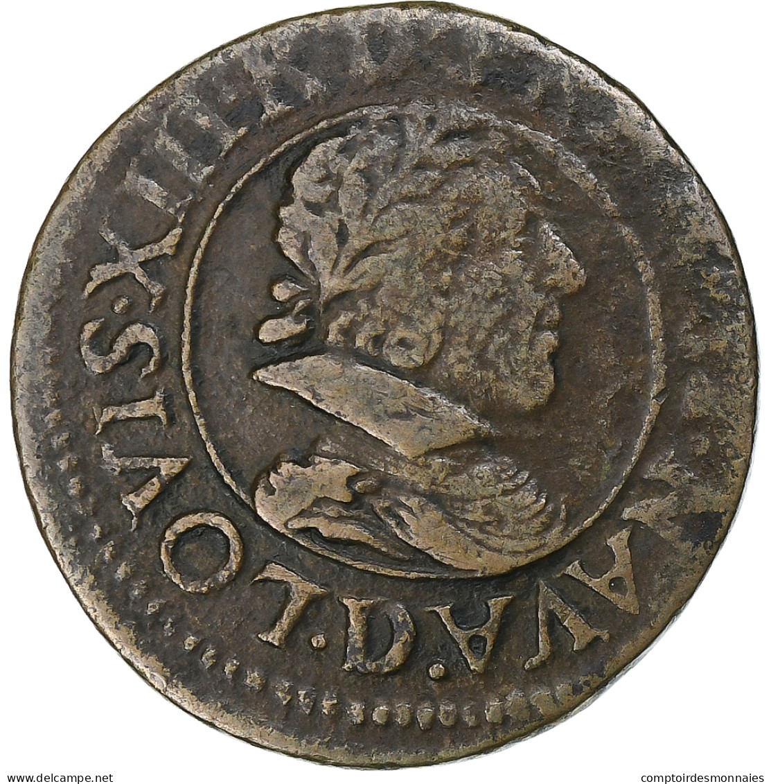 France, Louis XIII, Double Tournois, 1628, Lyon, Cuivre, TB+, Gadoury:8 - 1610-1643 Luis XIII El Justo