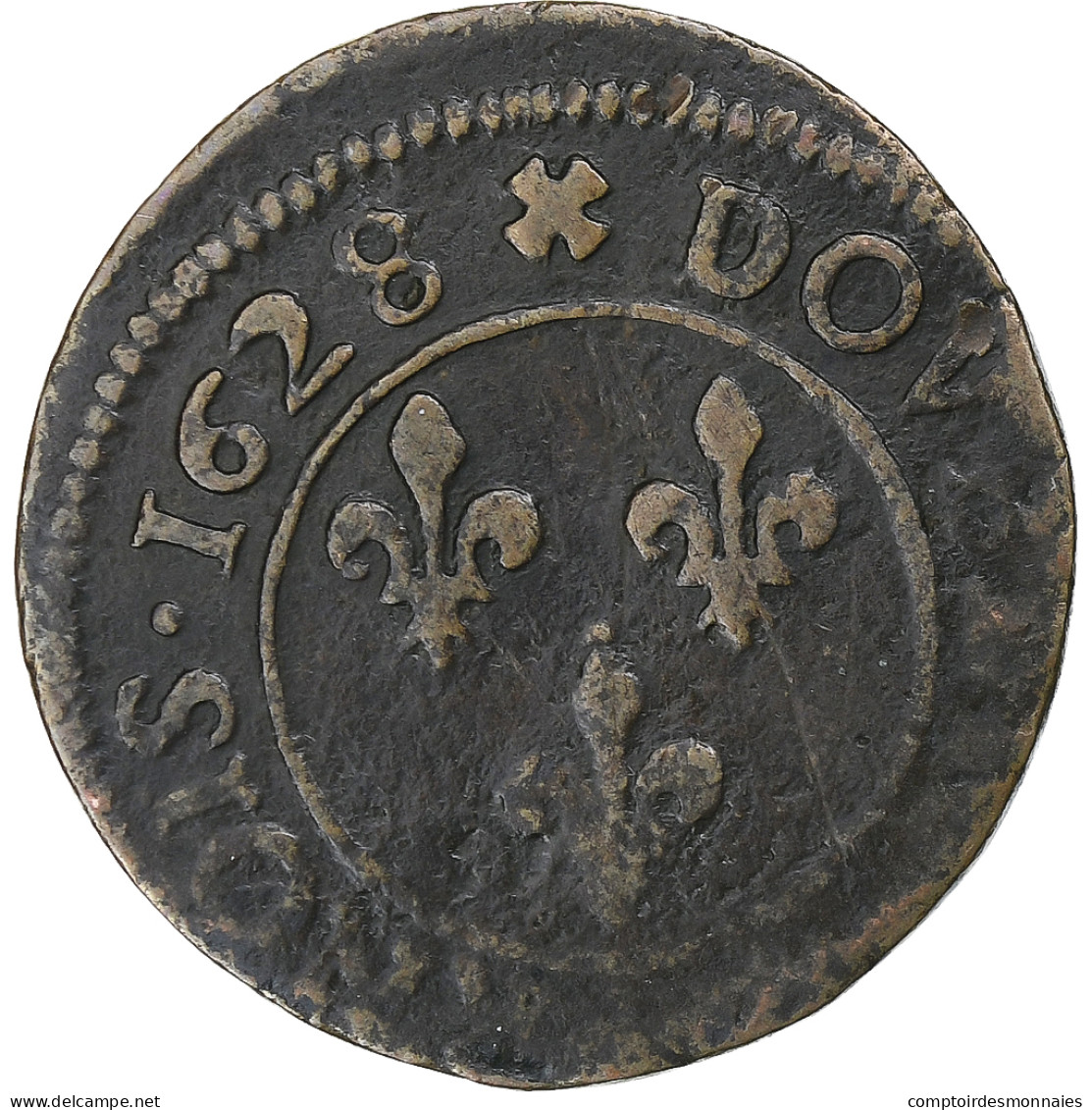 France, Louis XIII, Double Tournois, 1628, Lyon, Cuivre, TB+, Gadoury:8 - 1610-1643 Louis XIII Le Juste