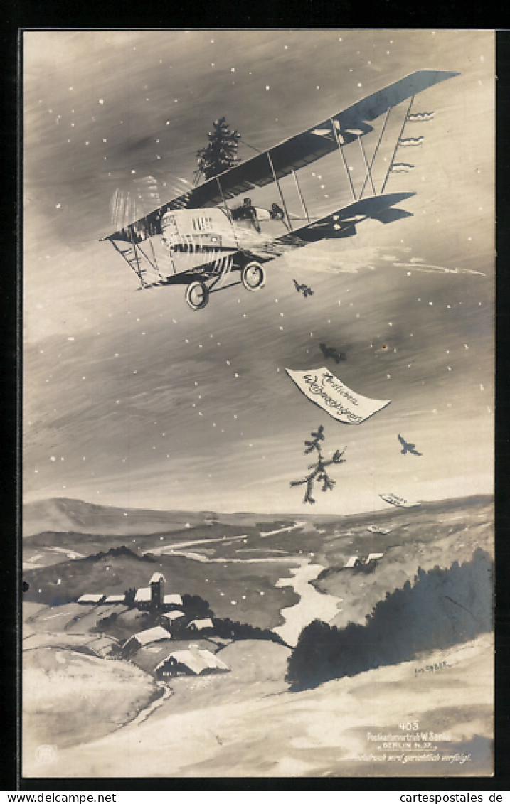 Künstler-AK Weihnachtsgruss, Flugzeug Mit Christbaum Auf Dem Kopf  - 1914-1918: 1st War