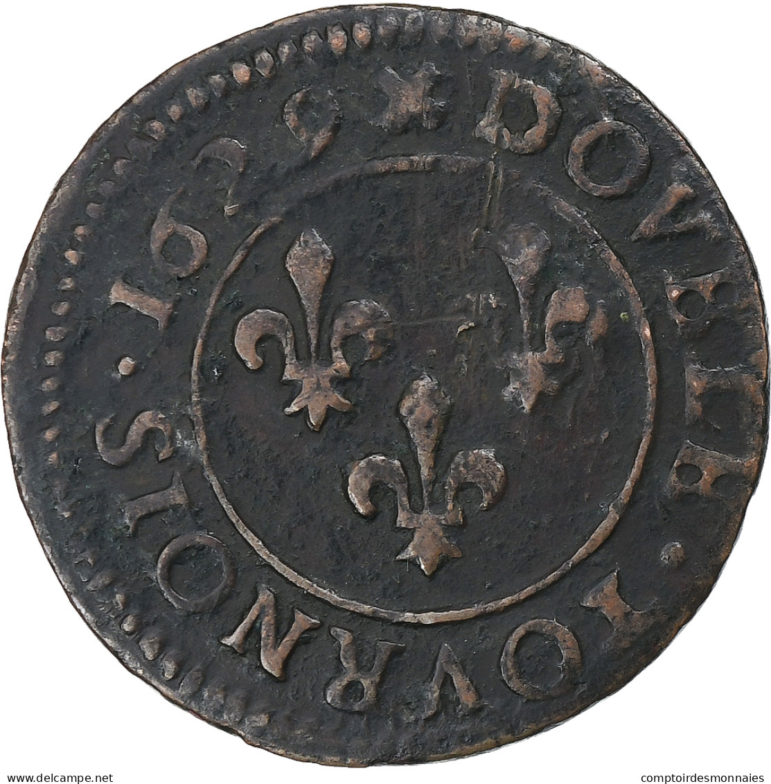 France, Louis XIII, Double Tournois, 1629, Lyon, Cuivre, TTB, Gadoury:8 - 1610-1643 Louis XIII The Just