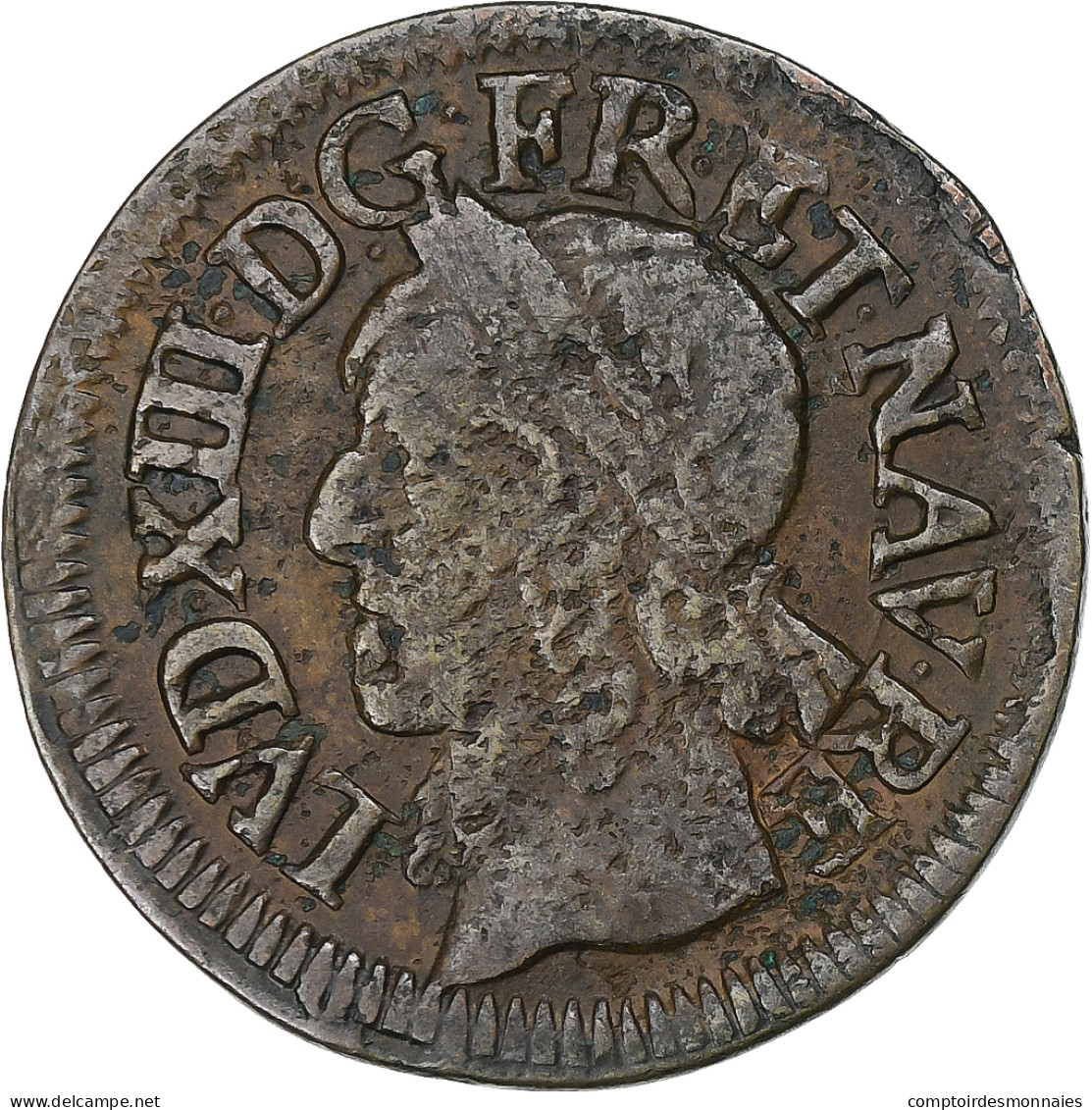 France, Louis XIII, Double Tournois, 1642, La Rochelle, Cuivre, TB+, Gadoury:12 - 1610-1643 Luis XIII El Justo