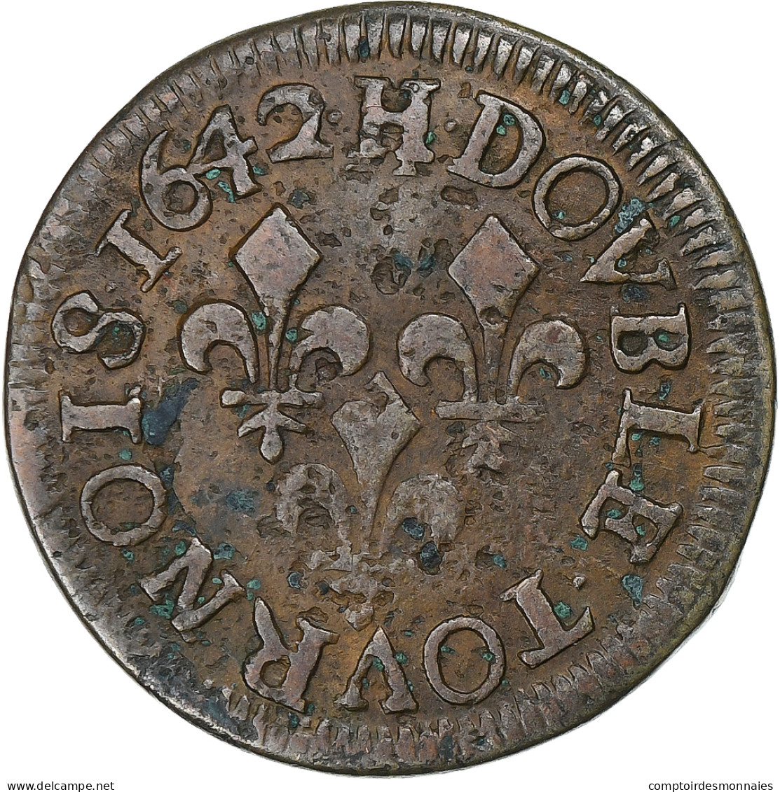 France, Louis XIII, Double Tournois, 1642, La Rochelle, Cuivre, TB+, Gadoury:12 - 1610-1643 Luis XIII El Justo