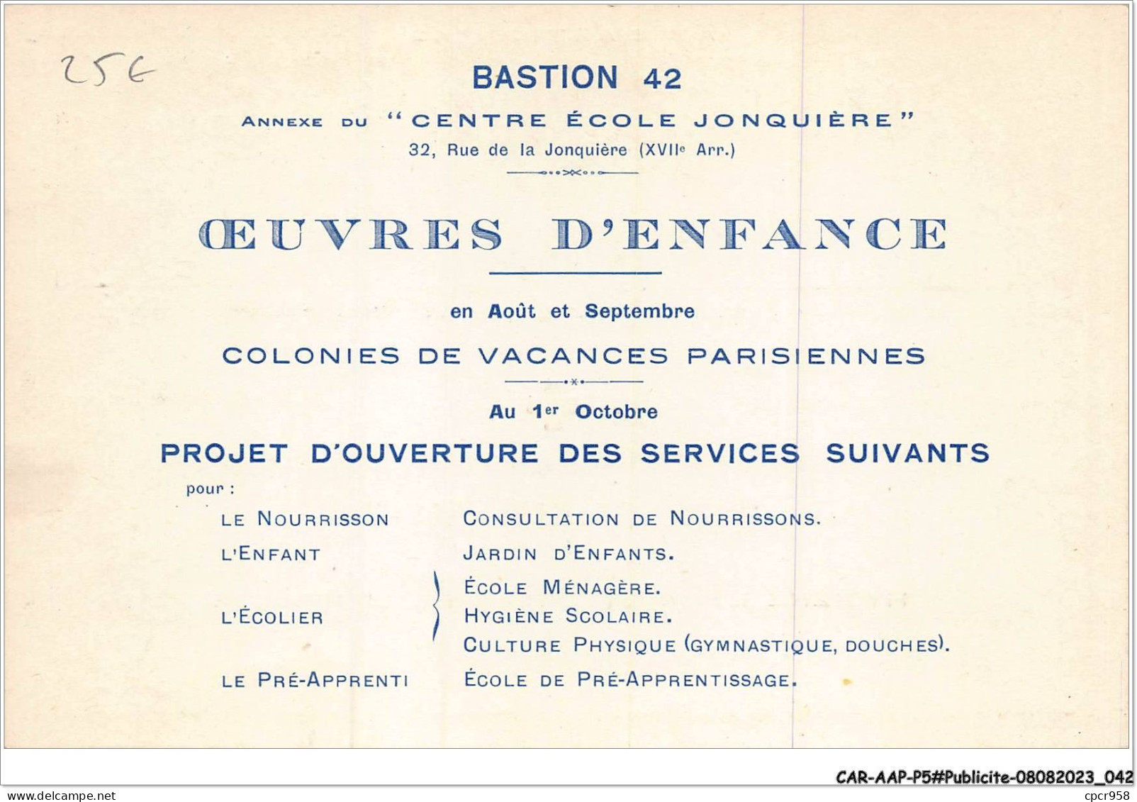 CAR-AAPP5-0354 - PUBLICITE - Au Bastion 42 - En Plein Air - Hygiène Et Protection De L'enfance - Publicité