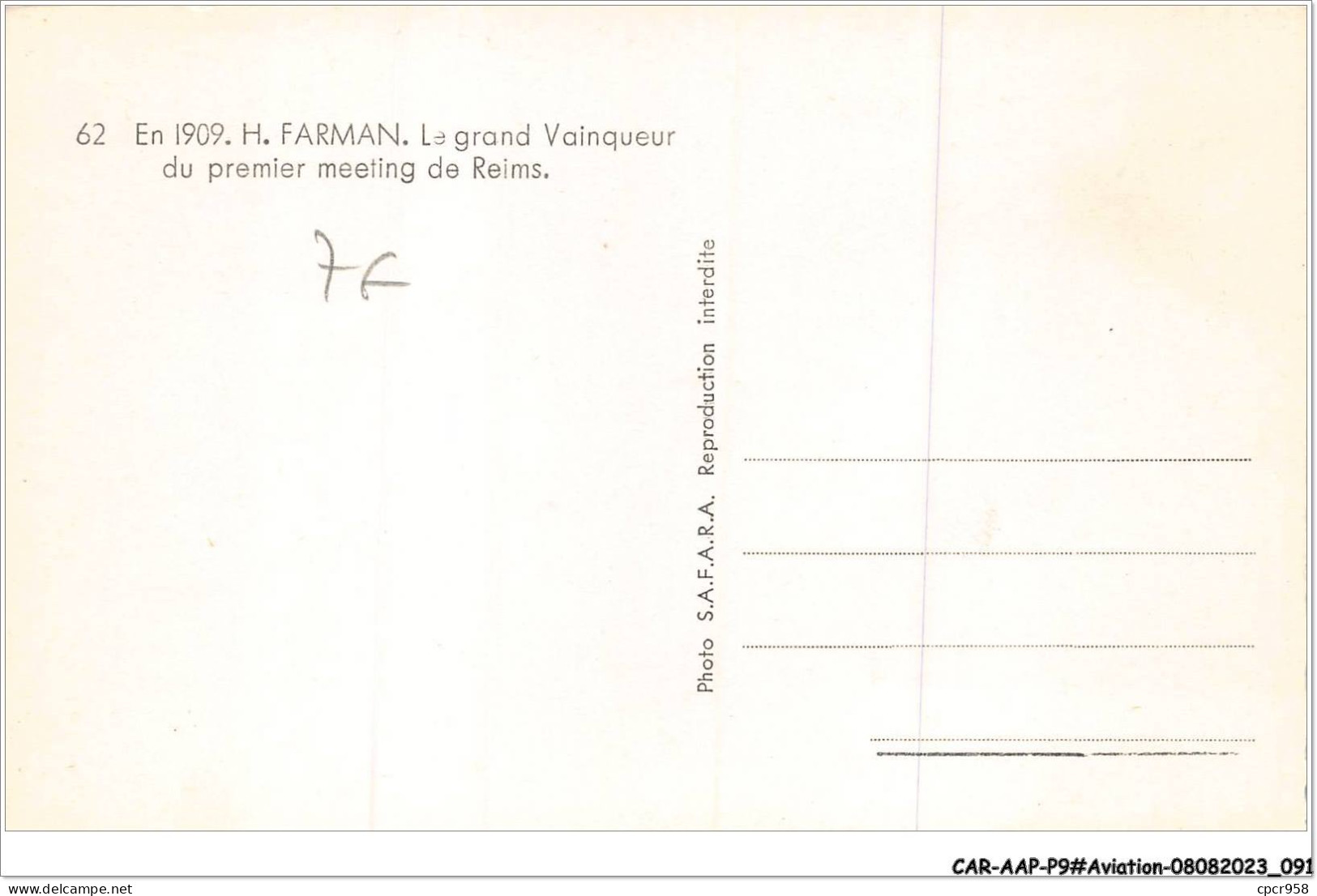 CAR-AAPP9-0750 - AVIATION - En 1909 - H Farman - Le Grand Vainqueur Du Premier Meeting De Reims - ....-1914: Voorlopers