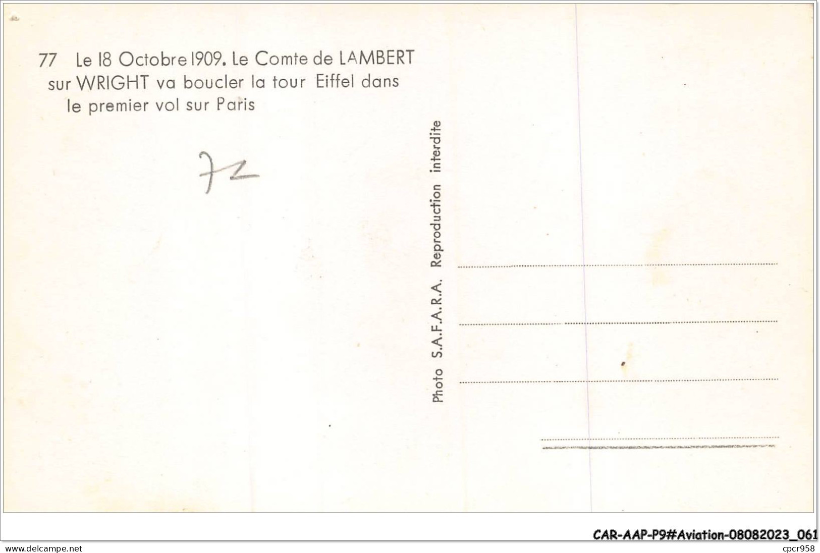 CAR-AAPP9-0735 - AVIATION - Le 18 Octobre 1909 - Le Comte De Lambert Sur Wright Va Boucler La Tour Eiffel - ....-1914: Precursori