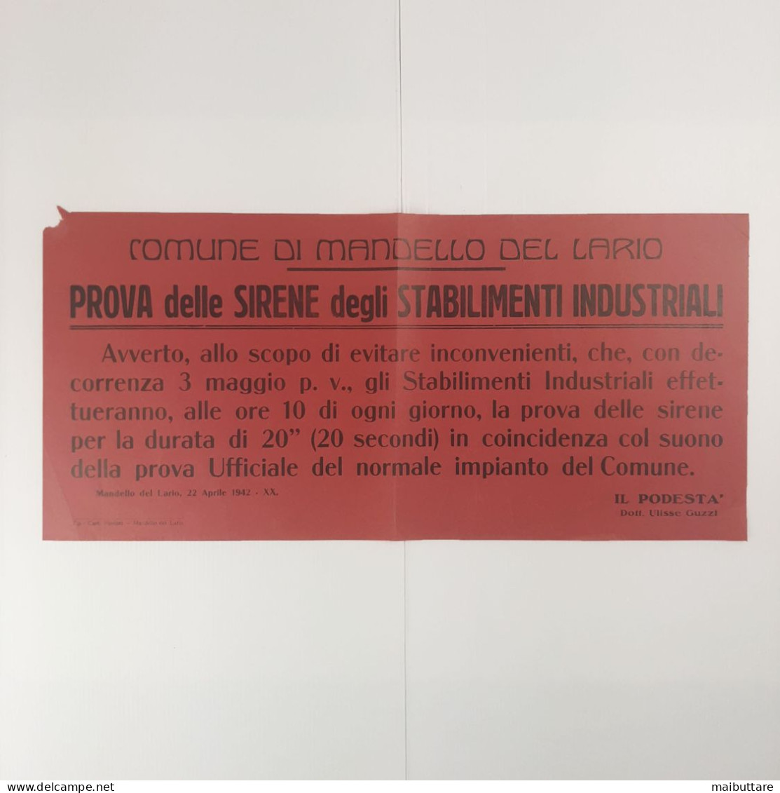 Manifesto Poster Comune Di Mandello Del Lario - Lecco - Italia Prova Delle Sirene Degli Stabilimenti Industriali Anno 48 - Afiches