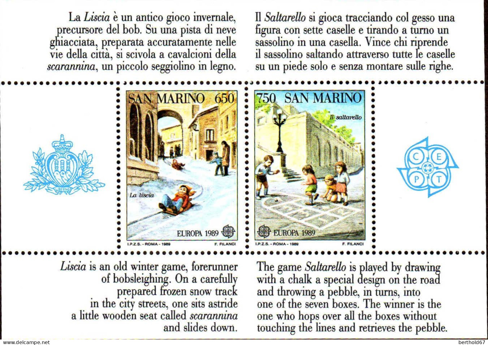 San Marino Bloc N** Yv:15 Mi:12 Europa Cept Jeux D'enfants - Blocks & Sheetlets