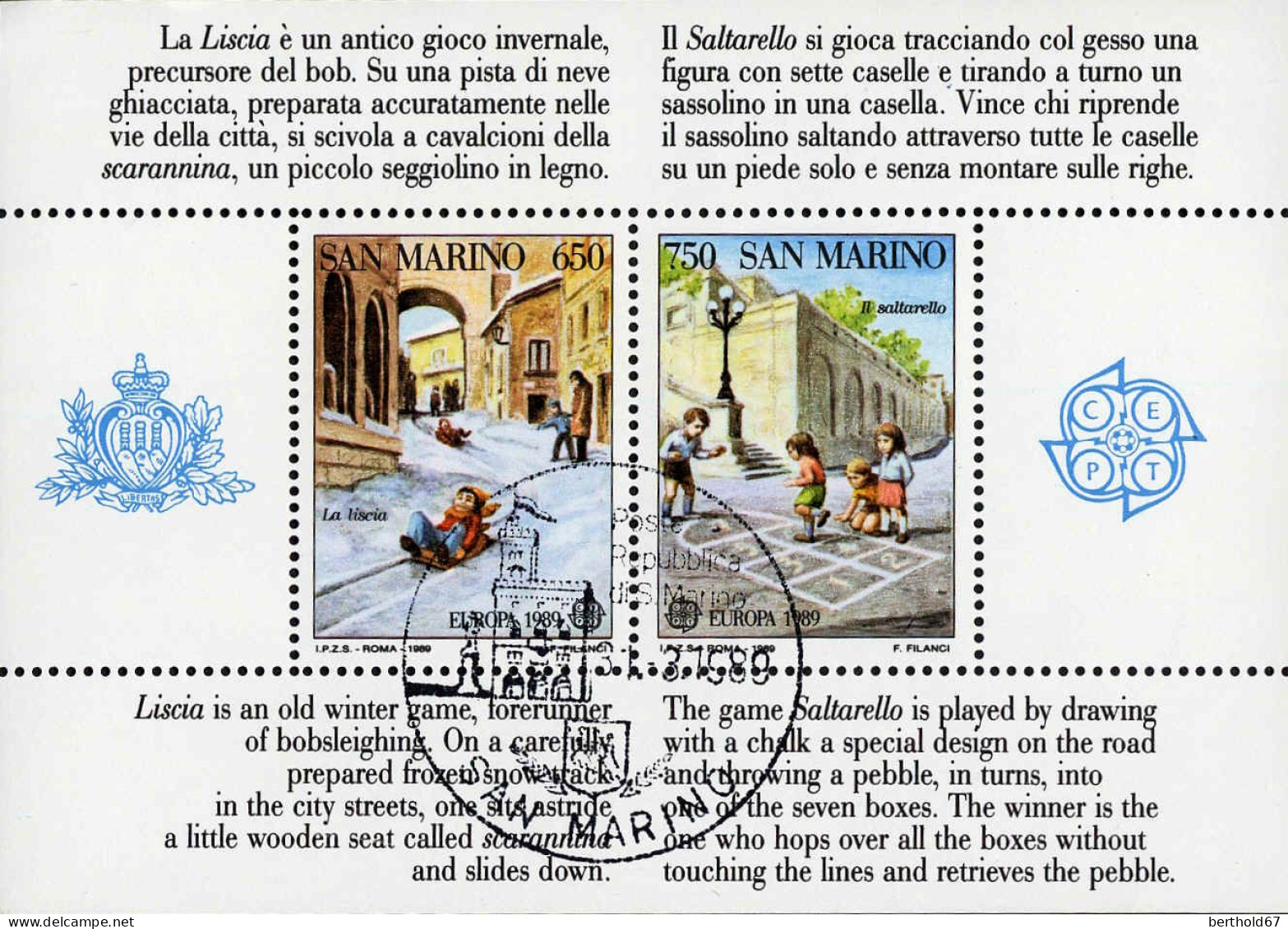 San Marino Bloc Obl Yv:15 Mi:12 Europa Cept Jeux D'enfants (TB Cachet Rond) - Blocks & Sheetlets