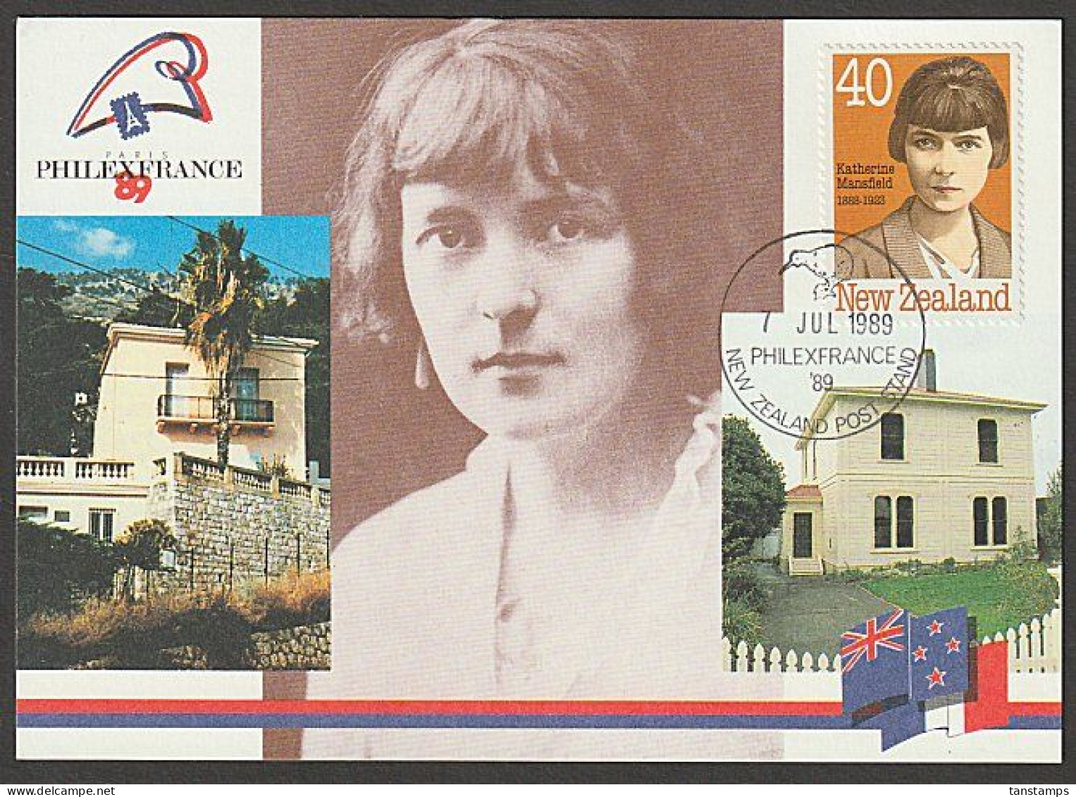 NEW ZEALAND PHILEXFRANCE 1989 KATHERINE MANSFIELD MAXI CARD - Covers & Documents