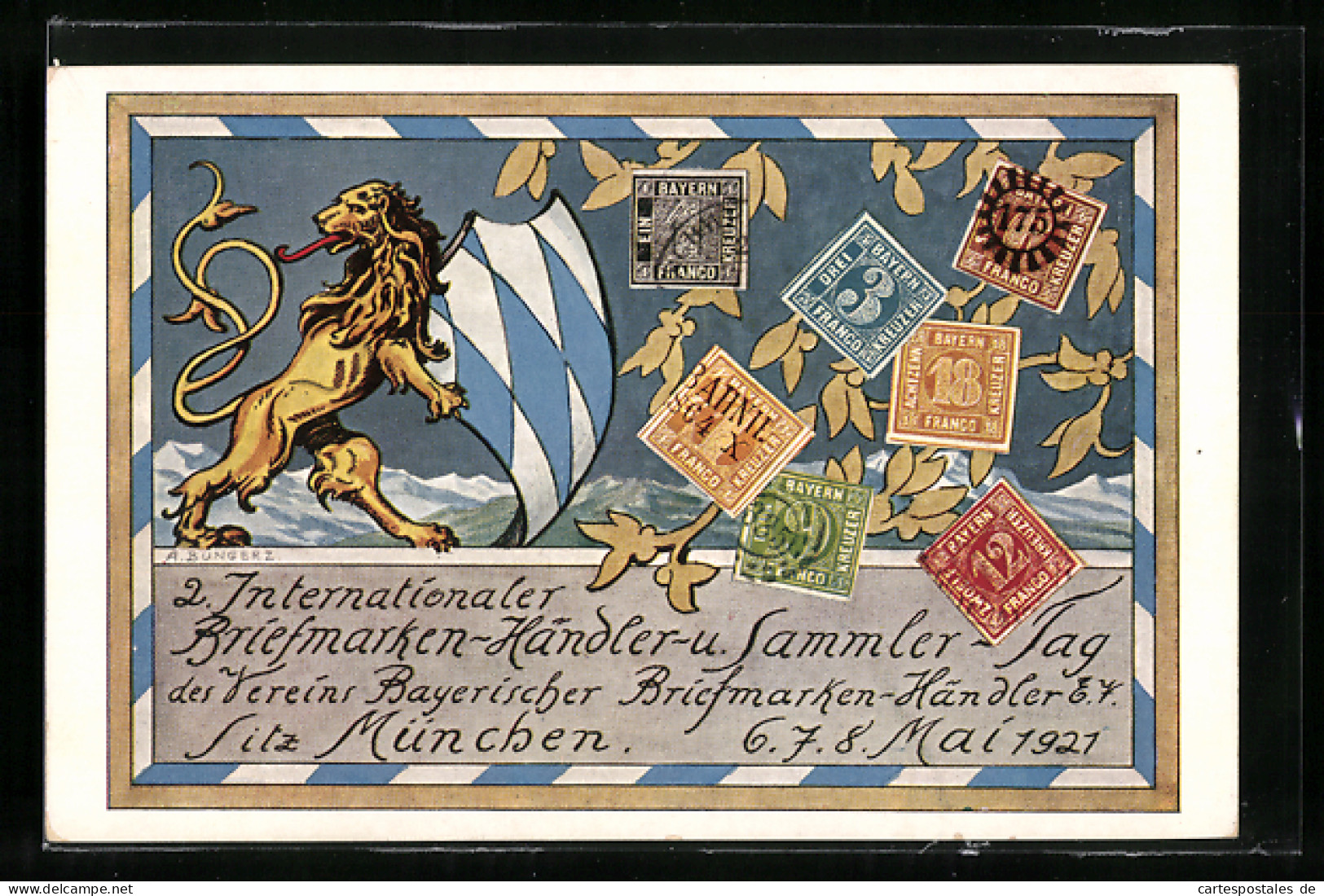 AK München, 2. Internationaler Briefmarken-Händler- Und Sammler-Tag 6.-8.5.1921  - Timbres (représentations)