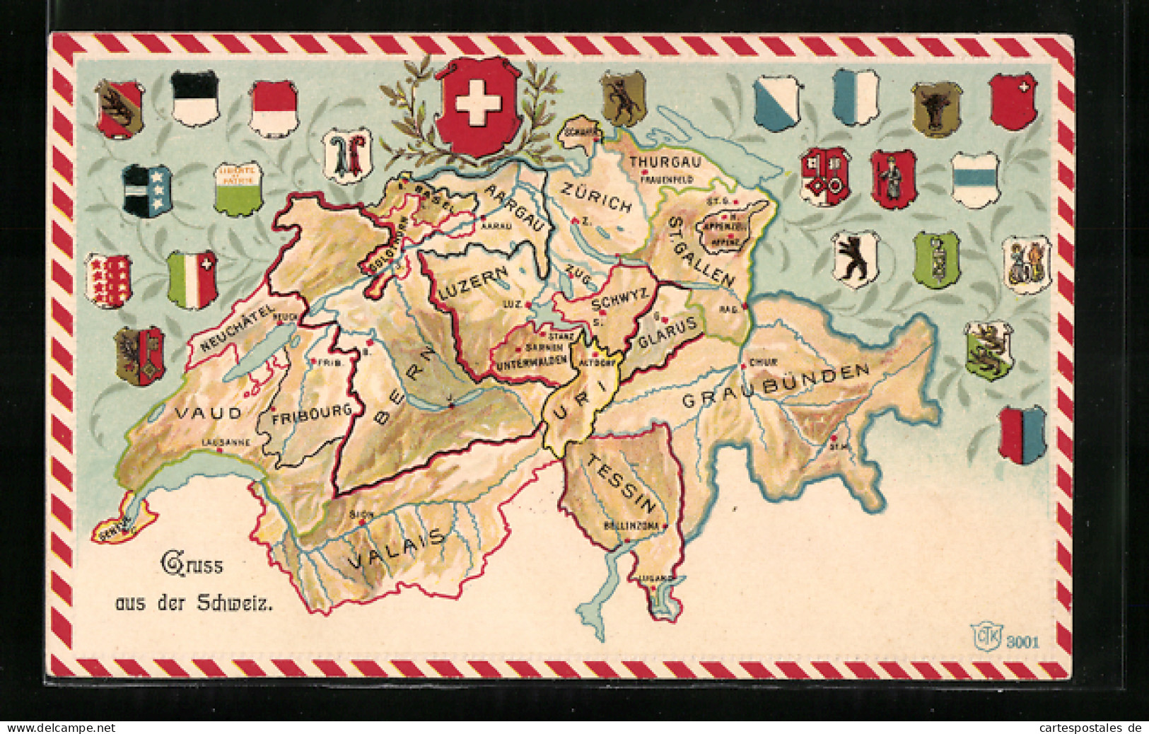 AK Landkarte Der Schweiz Mit Eingezeichneten Kantonen Und Wappen  - Landkaarten