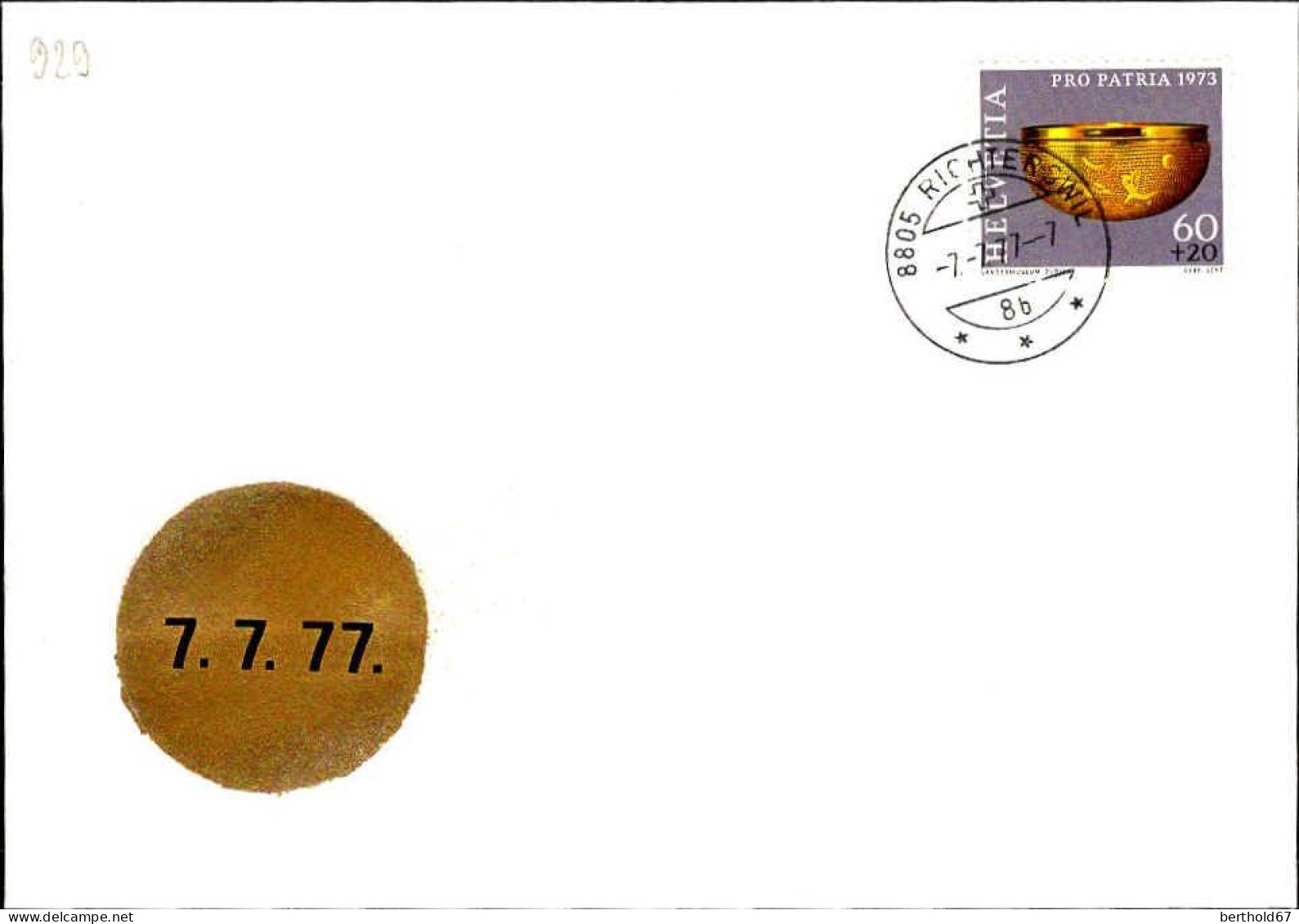 Suisse Poste Obl Yv: 929 Mi:999 Pro Patria Coupe D'or (TB Cachet à Date) 7.7.77 - Storia Postale