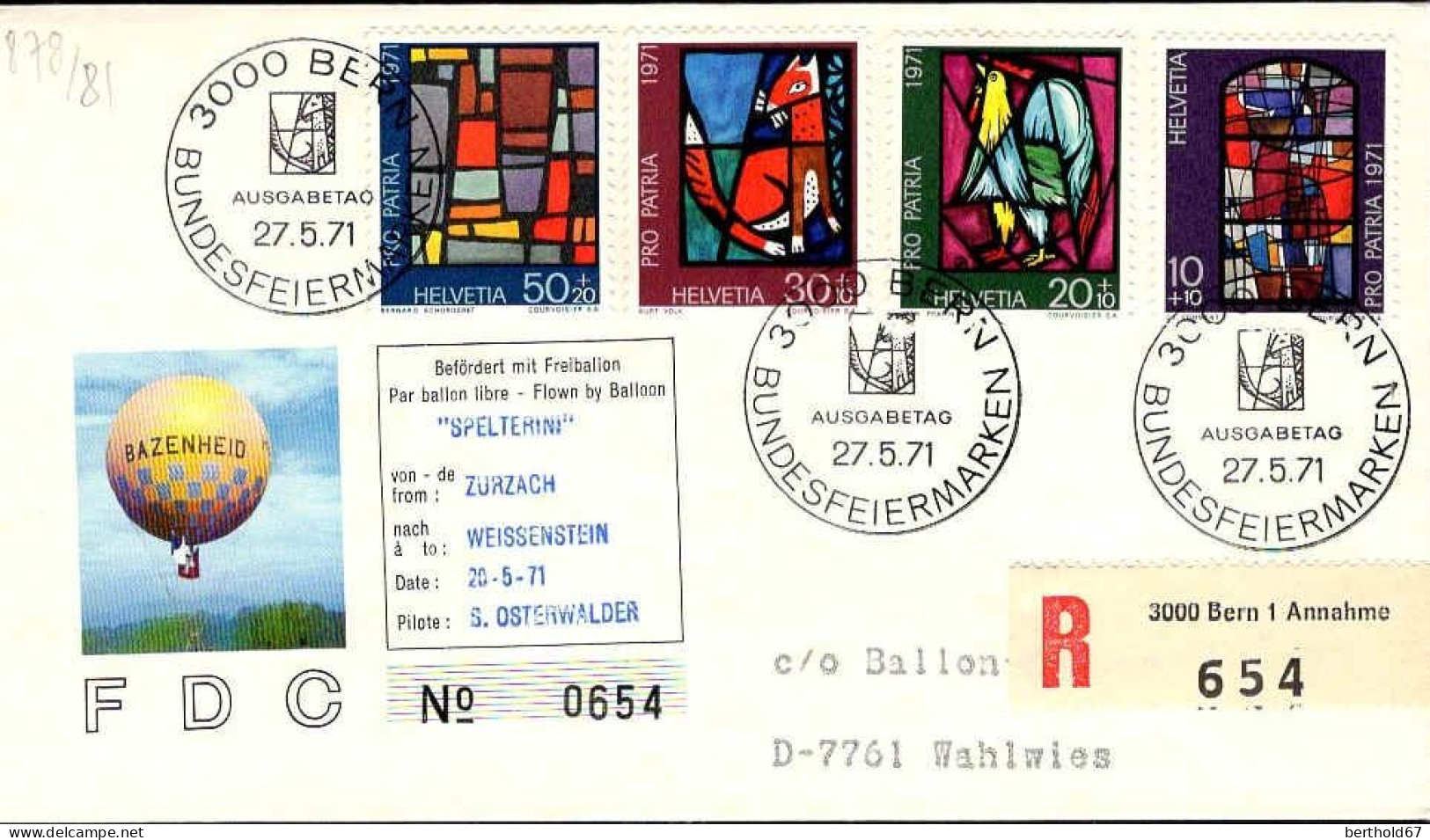 Suisse Poste Obl Yv: 878/881 Pro Patria Vitraux (TB Cachet à Date) Freiballon Flug - Cartas & Documentos