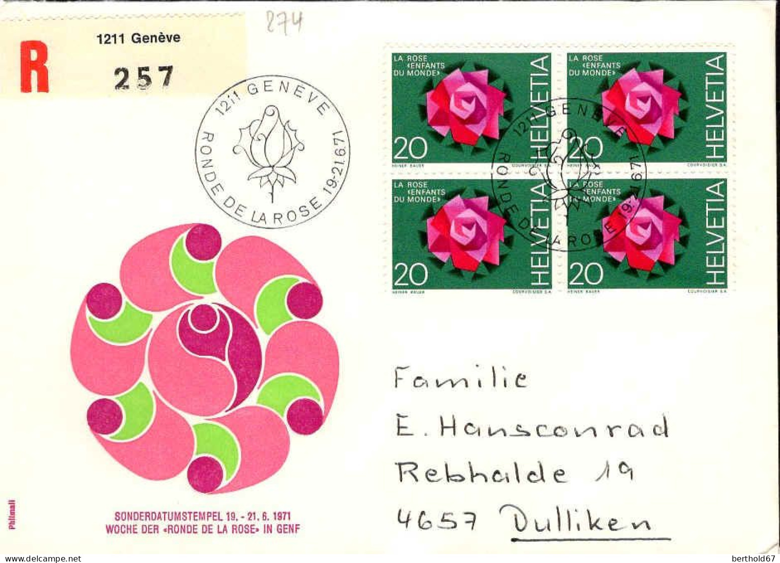 Suisse Poste Obl Yv: 874 Ronde De La Rose (TB Cachet à Date) Bloc De 4 - Storia Postale