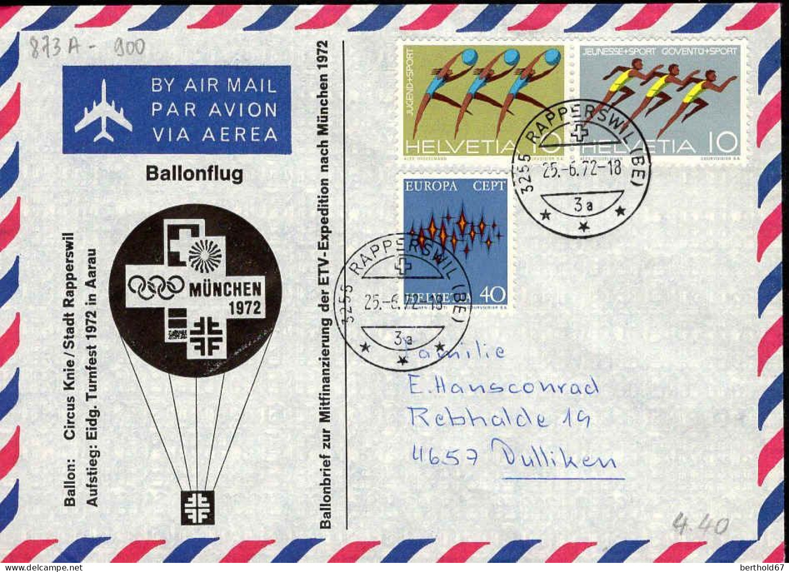 Suisse Poste Obl Yv: 873A-900 Ballonflug (TB Cachet à Date) 25-6-72 - Covers & Documents