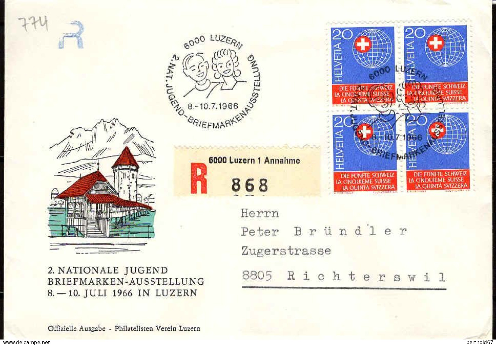 Suisse Poste Obl Yv: 774  Nationale Jugend Briem.AUstellung (TB Cachet à Date) 8-10.7.1966 - Briefe U. Dokumente