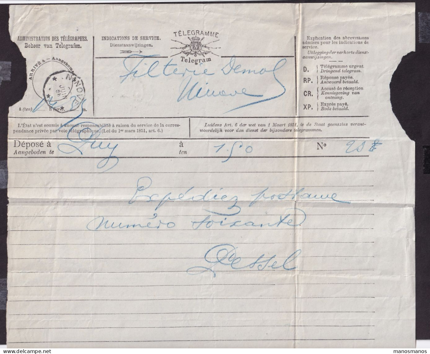 DDFF 939 -- Formule De Télégramme Bilingue (au Centre) - Puy à NINOVE 1898 - Cachet Télégraphique Type 3 - Télégrammes