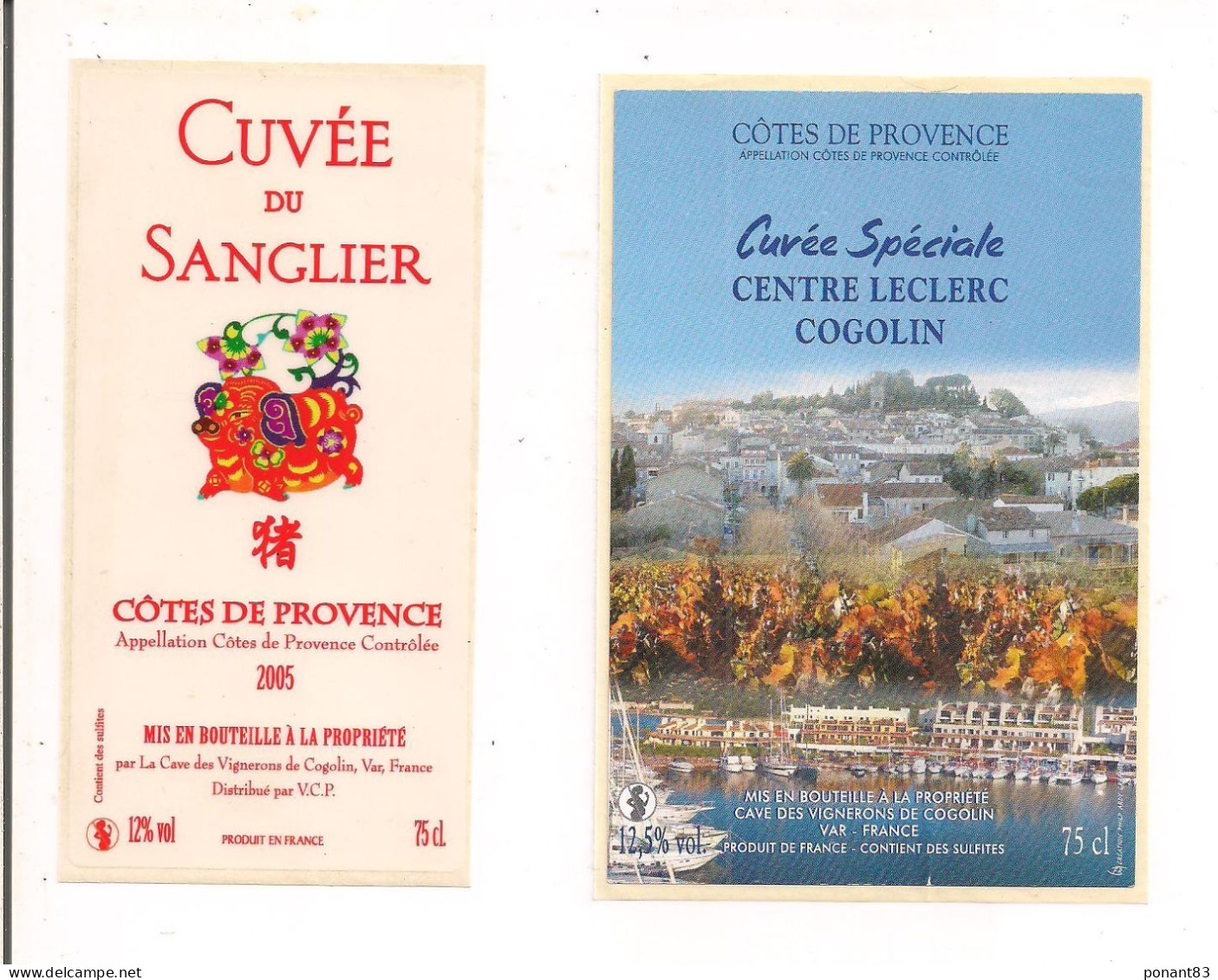 Etiquettes Côtes De Provence: Cuvée Spéciale Centre Leclerc Cogolin  Et Cuvée 2005 Cuvée Du Sanglier - - Vino Rosato