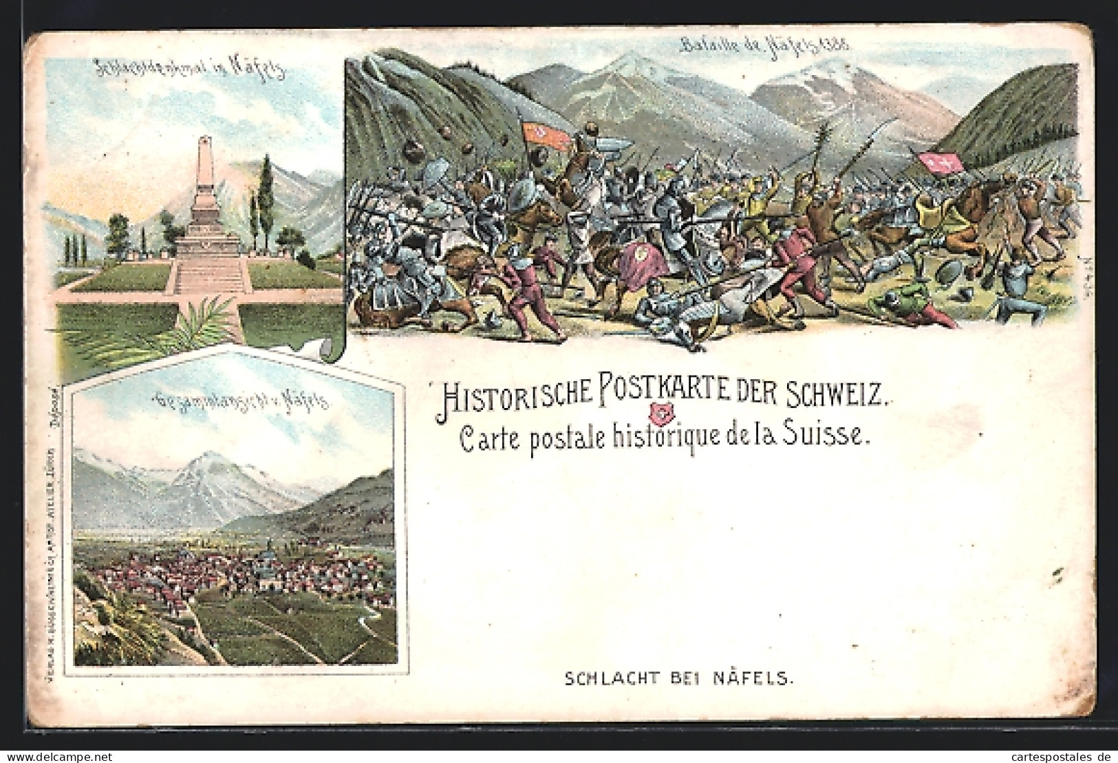 Lithographie Näfels, Schlacht Bei Näfels, Schlachtdenkmal Und Gesamtansicht Der Stadt  - Näfels