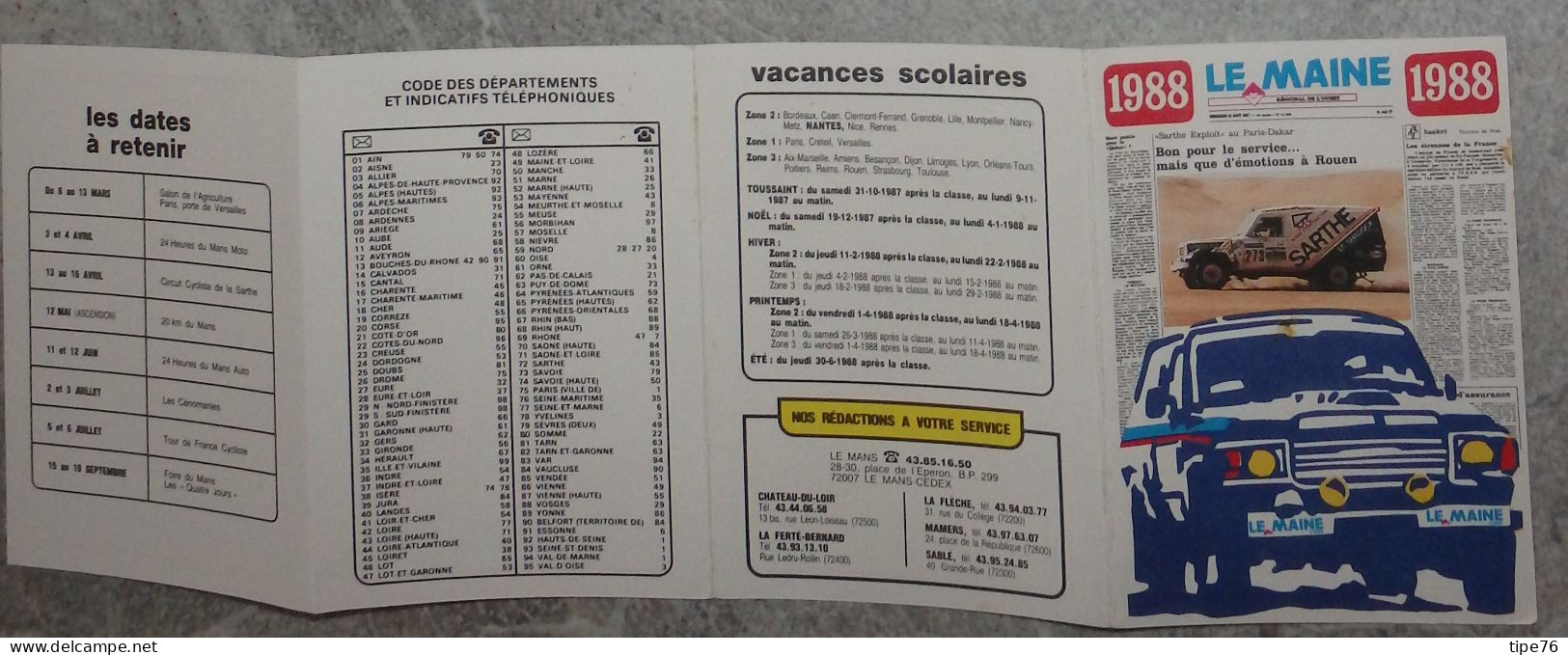 Petit Calendrier De Poche 1988 Journal Le Maine Libre - Le Mans La Flèche Mamers Sablé La Ferté Bernard Voiture - Small : 1981-90