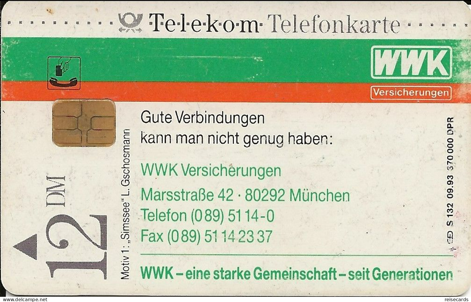 Germany: Telekom S 132 09.93 WWK Versicherungen - S-Series: Schalterserie Mit Fremdfirmenreklame