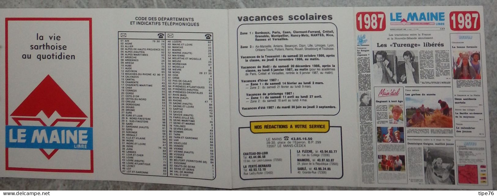 Petit Calendrier De Poche 1987 Journal Le Maine Libre - Le Mans La Flèche Mamers Sablé La Ferté Bernard Chateau Du Loir - Tamaño Pequeño : 1981-90